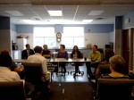 Over 30 people attended todays Press Conference at Alternatives Federal Credit Union where Alternatives updated the Living Wage for Tompkins County. Seated from left to right on the panel is: Svante Myrick, Ithacas Mayor; Pete Meyers, Coordinator of the Workers Center; Leni Hochman, Chief Operations Officer of Alternatives; Tierra Labrada, Alternatives Collections Assistant; and Tristram Coffin, Alternatives Chief Executive Officer. (Photo: Gina Lord) 