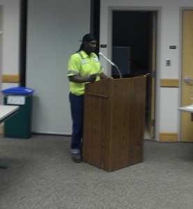 Milton Webb, a worker in the Tompkins County Solid Waste Division, but employed by subcontractor, ReCommunity Recycling, testifying before the County Living Wage Working Group. Webb, and Stanley McPherson, both make $9.00/hour employed by ReCommunity, which is significantly lower than the Living Wage in Tompkins County.
